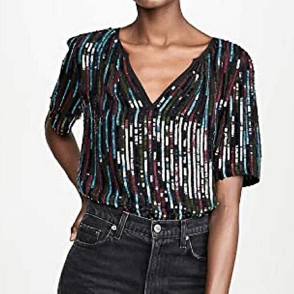 Velvet by Graham & Spencer Multicolor Sequin Metallic Short Sleeve Blouse Top XL - Picture 3 of 8